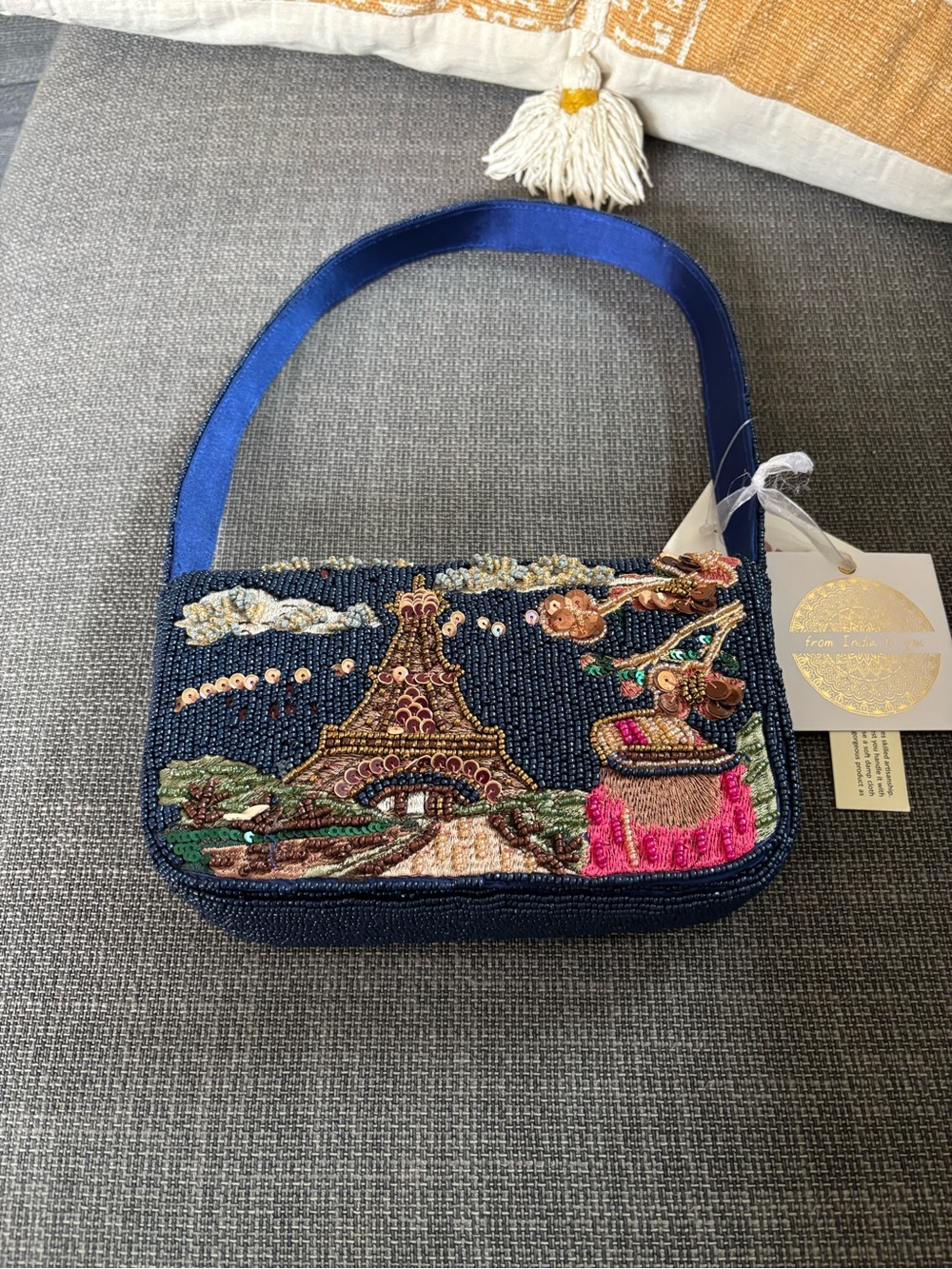 Embellished Navy Beaded Shoulder Bag